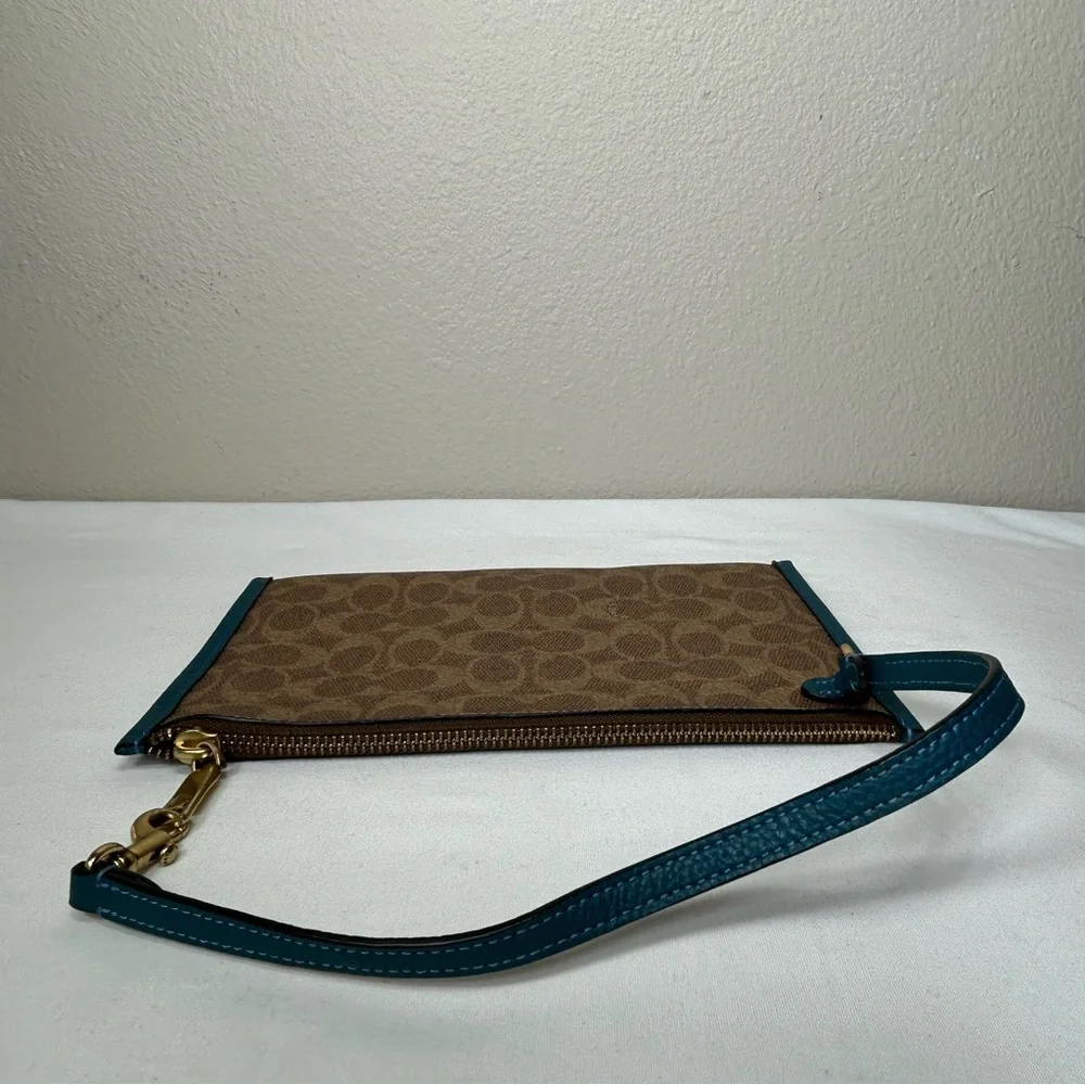 Coach Day Wristlet In Signature‎ Coated Canvas And Refined leather Teal Trim